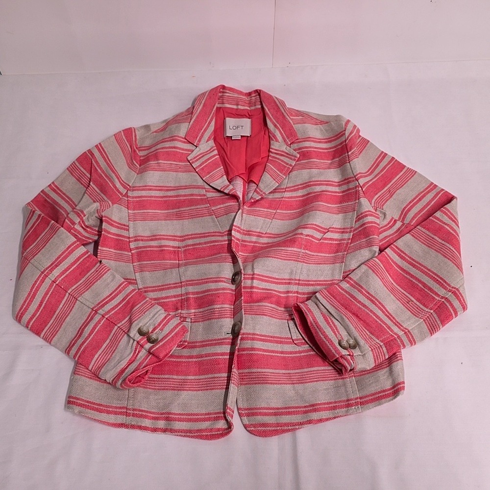 Ann Taylor LOFT Blazer Womens 4 Pink Striped Linen Blend Notched Lapel 2-Button